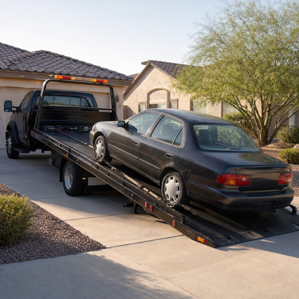 Car being picked up by a flatbed tow truck